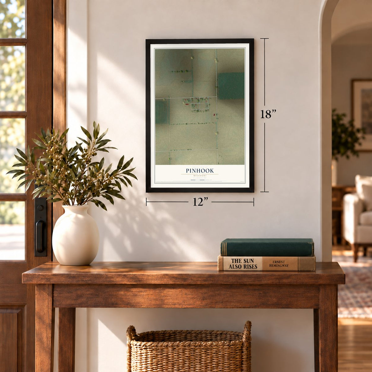 Pinhook, Missouri map, 12 x 18 inch print in a black frame in an entryway