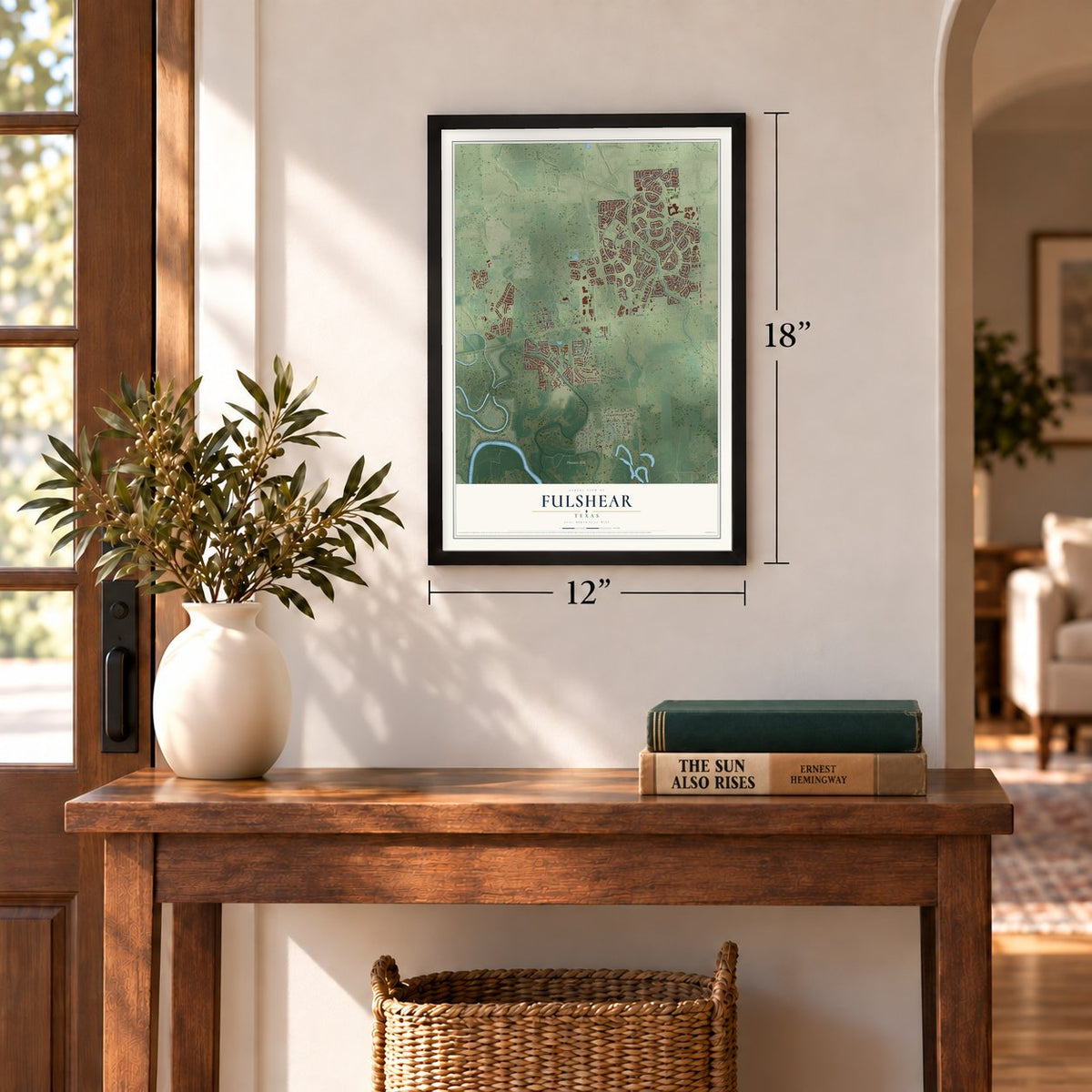 Fulshear, Texas map, 12 x 18 inch print in a black frame in an entryway