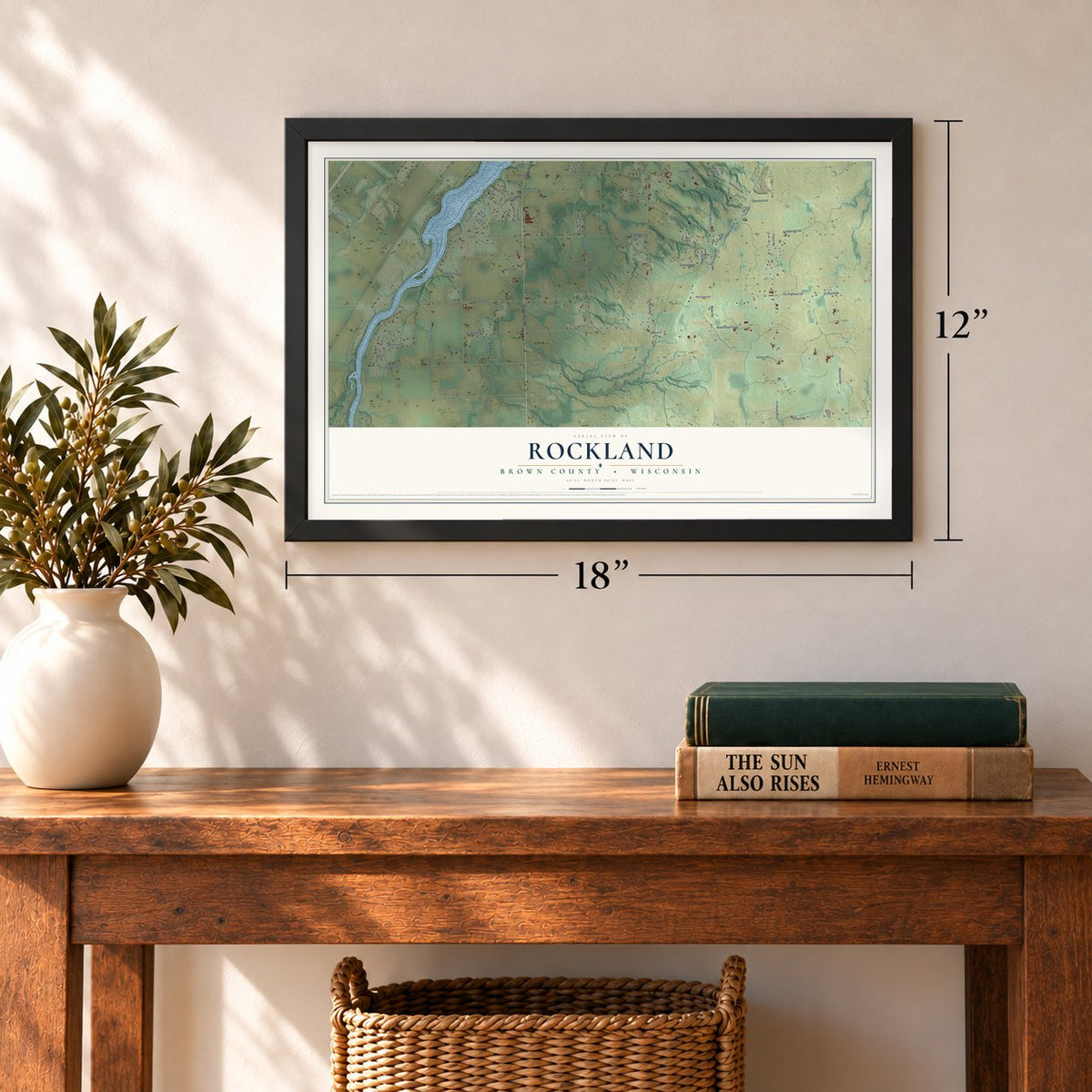 Rockland, Brown County, Wisconsin map, 12 x 18 inch print in a black frame in an entryway