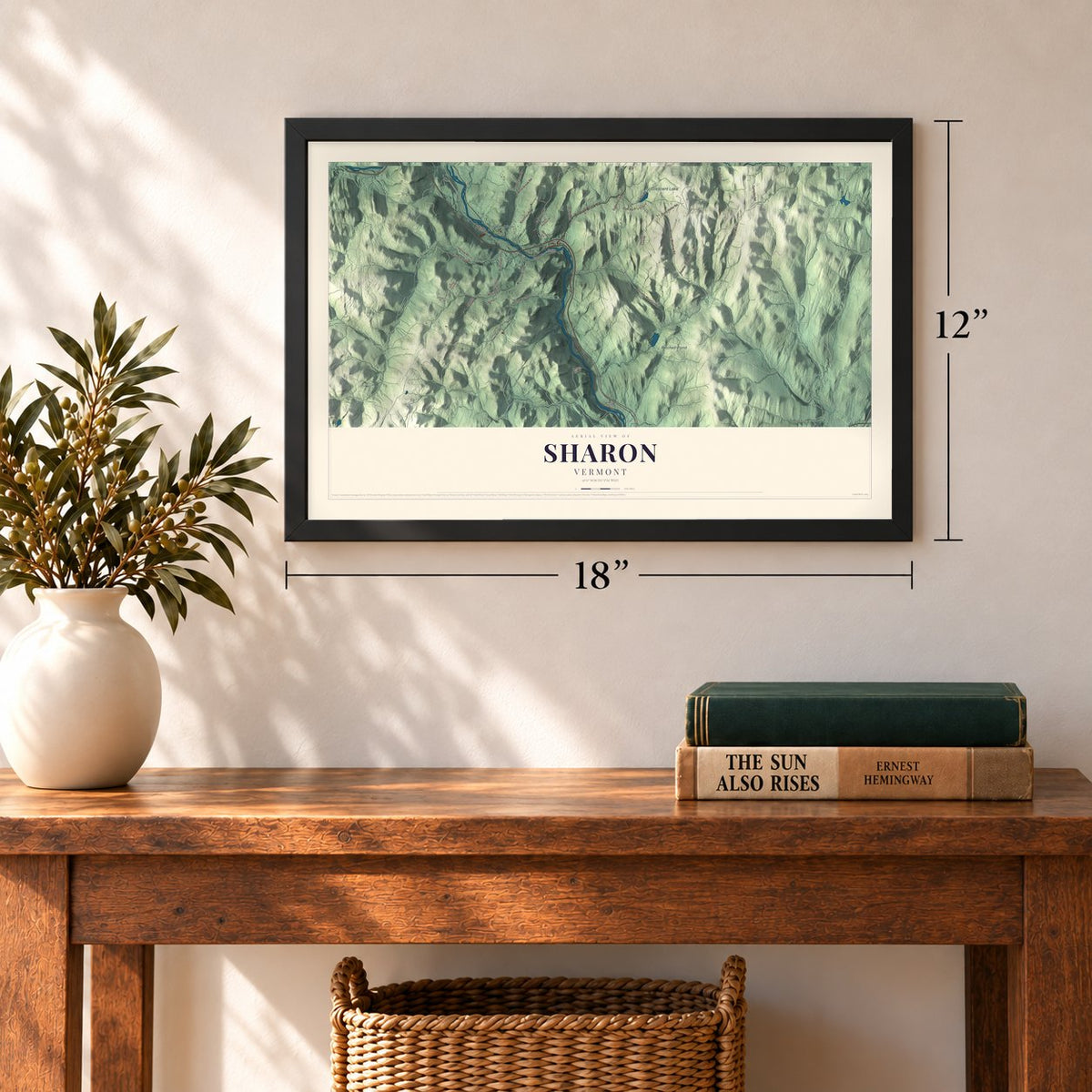 Sharon, Vermont map, 12 x 18 inch print in a black frame in an entryway
