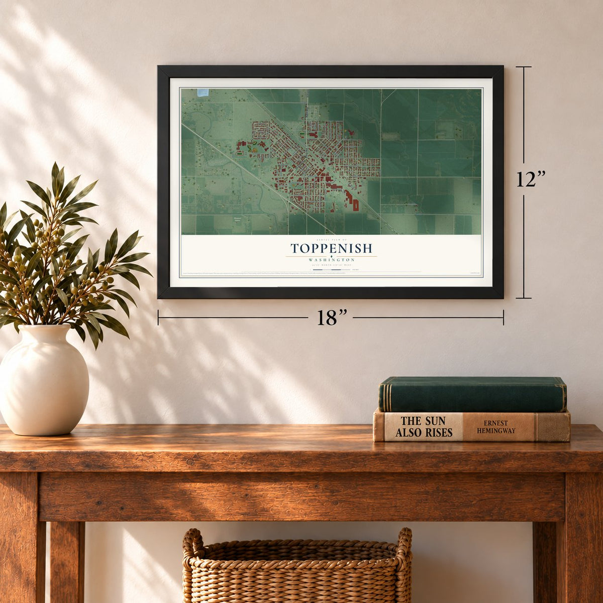 Toppenish, Washington map, 12 x 18 inch print in a black frame in an entryway
