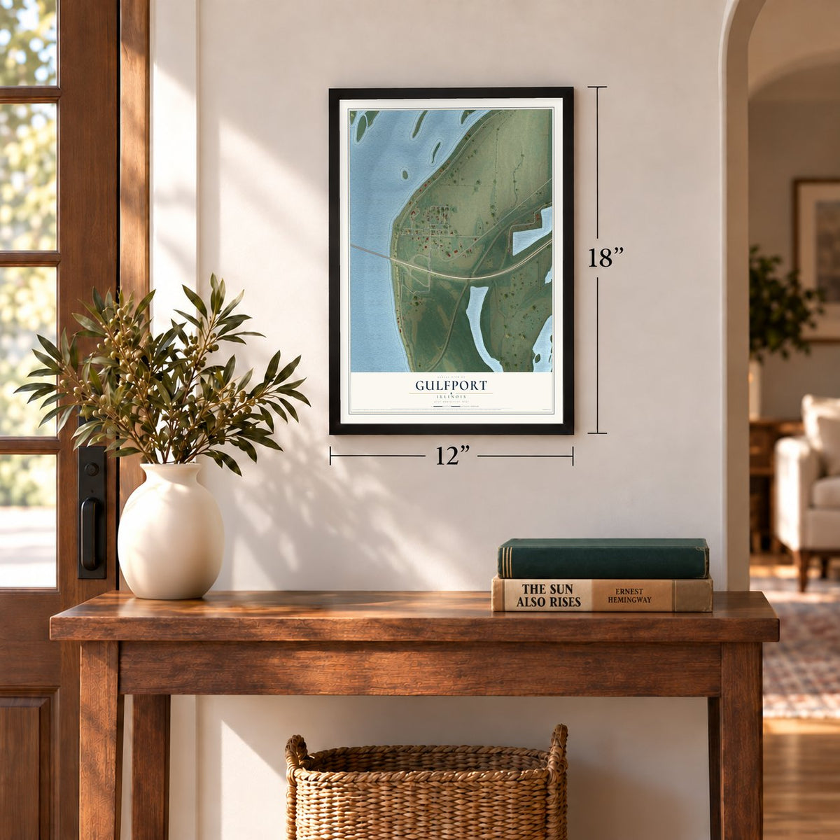 Gulfport, Illinois map, 12 x 18 inch print in a black frame in an entryway