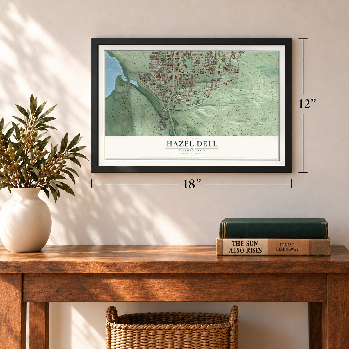 Hazel Dell, Washington map, 12 x 18 inch print in a black frame in an entryway