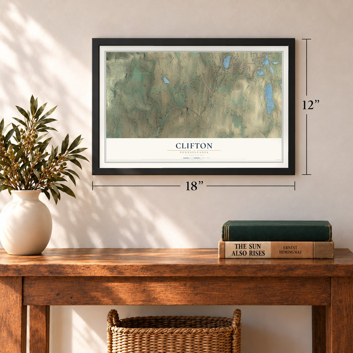 Clifton, Pennsylvania map, 12 x 18 inch print in a black frame in an entryway