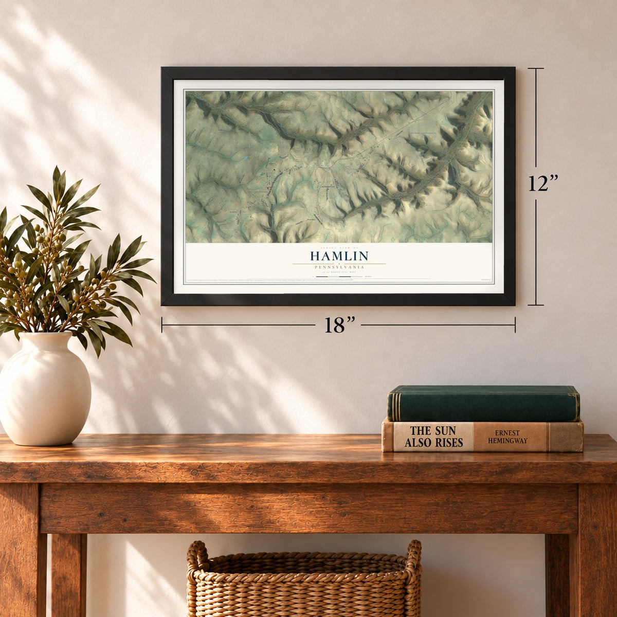 Hamlin, Pennsylvania map, 12 x 18 inch print in a black frame in an entryway
