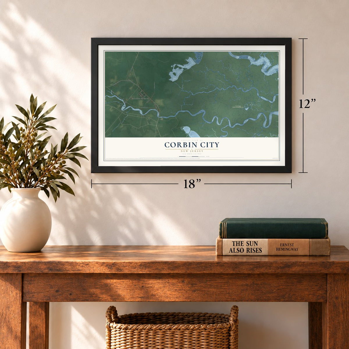Corbin City, New Jersey map, 12 x 18 inch print in a black frame in an entryway