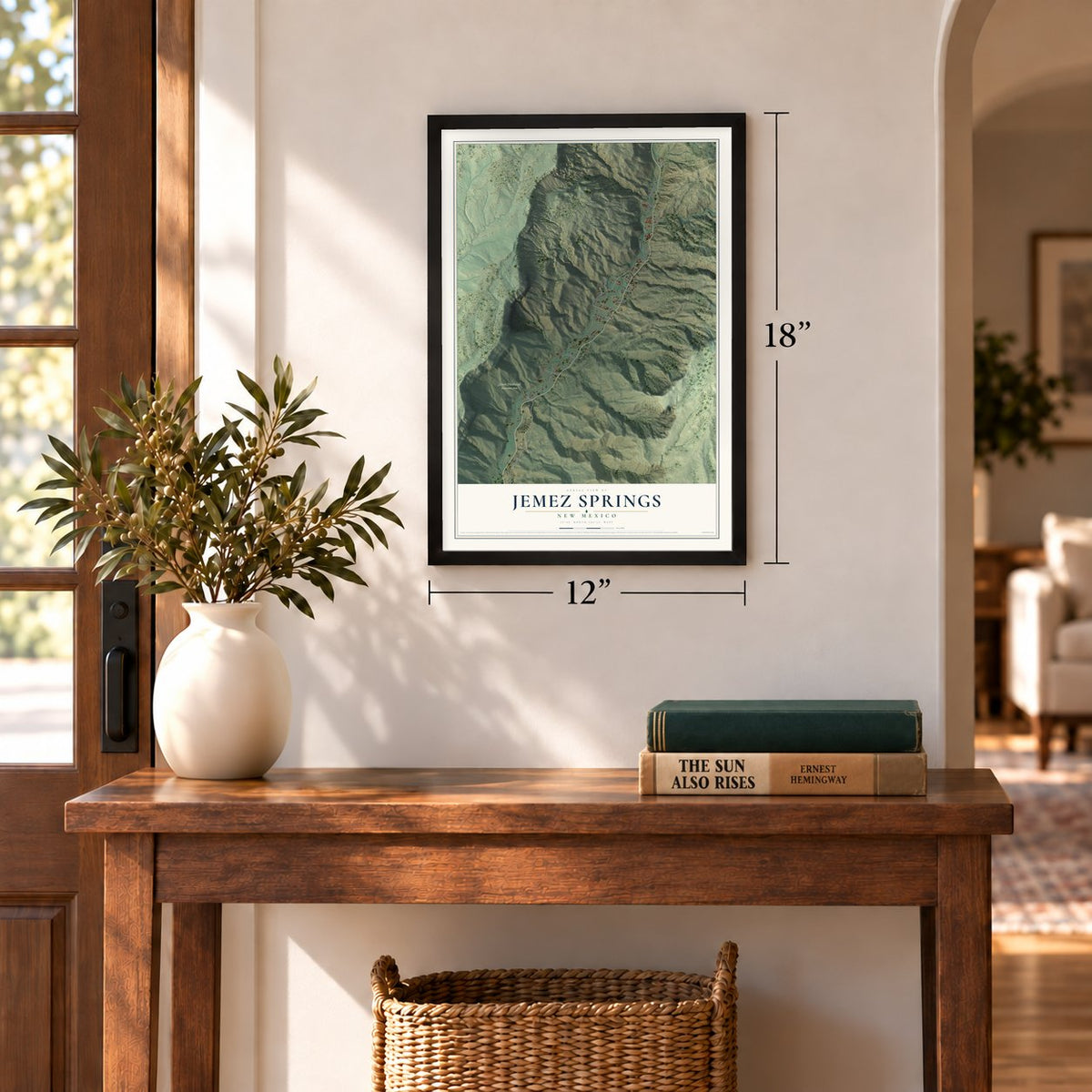 Jemez Springs, New Mexico map, 12 x 18 inch print in a black frame in an entryway