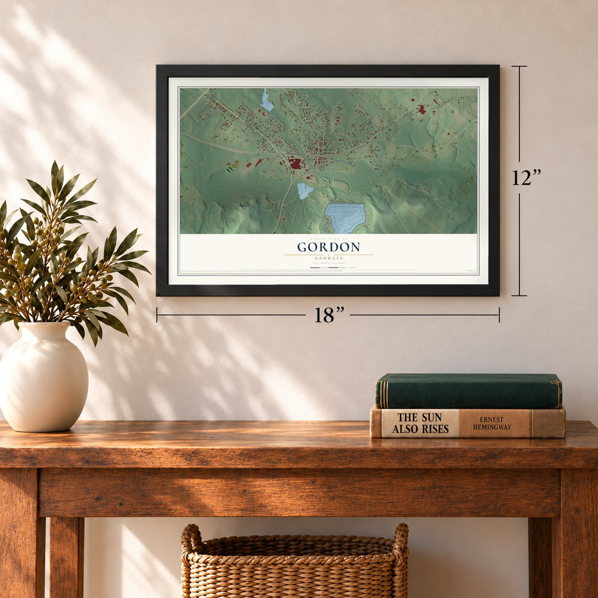 Gordon, Georgia map, 12 x 18 inch print in a black frame in an entryway