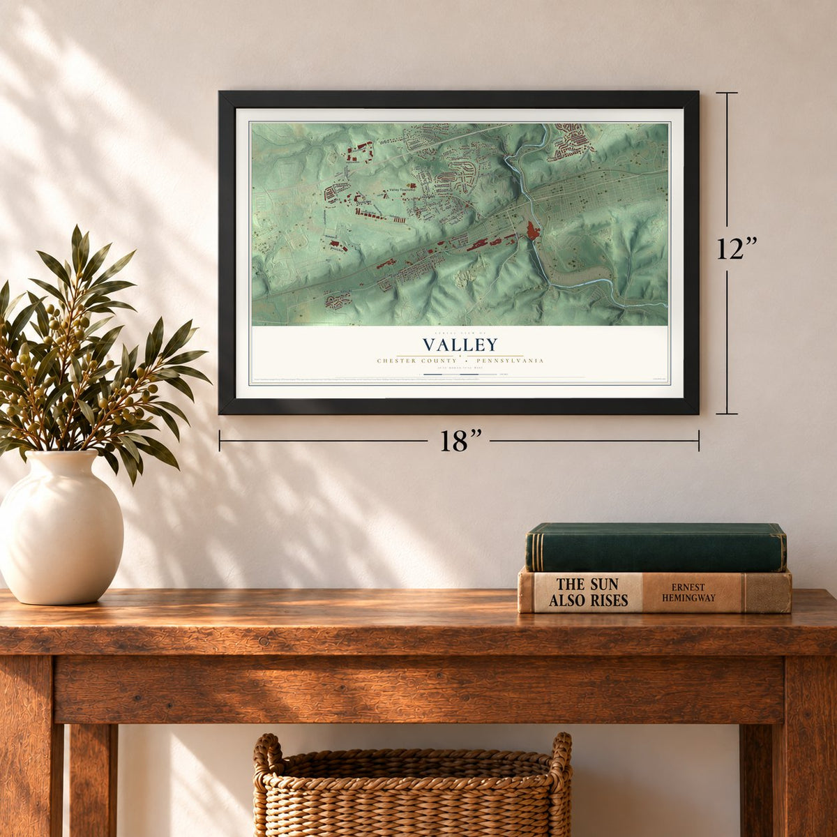 Valley, Chester County, Pennsylvania map, 12 x 18 inch print in a black frame in an entryway