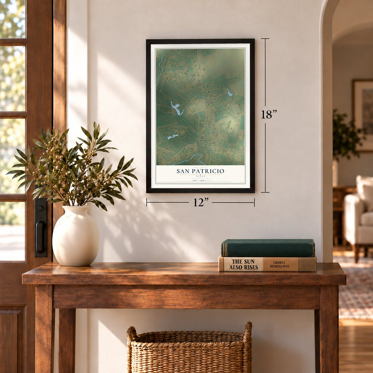 San Patricio, Texas map, 12 x 18 inch print in a black frame in an entryway