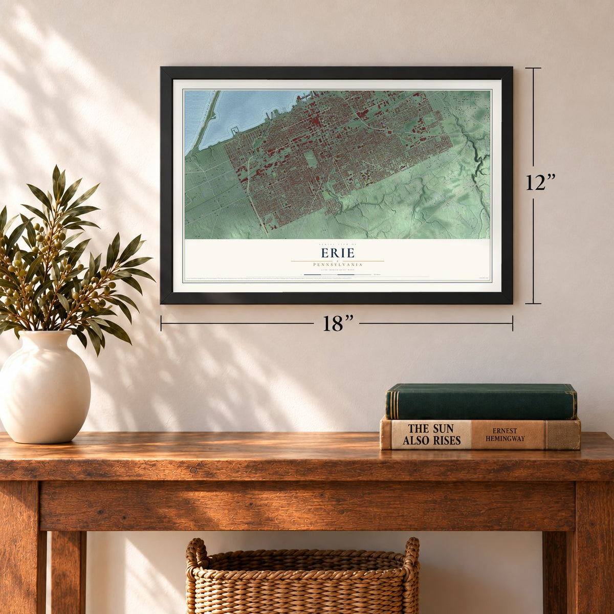 Erie, Pennsylvania map, 12 x 18 inch print in a black frame in an entryway