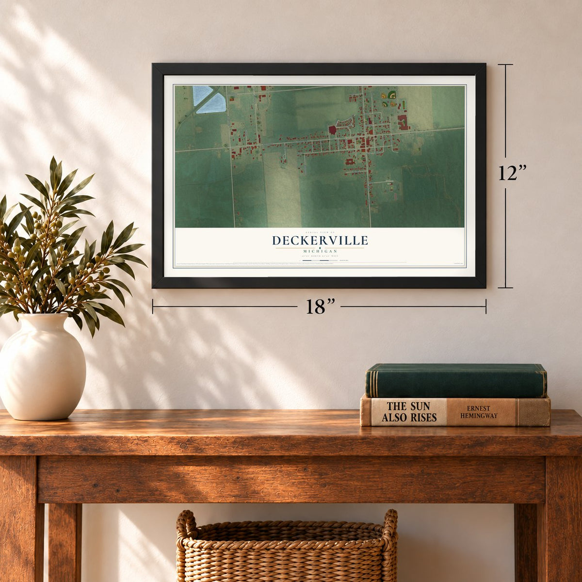 Deckerville, Michigan map, 12 x 18 inch print in a black frame in an entryway