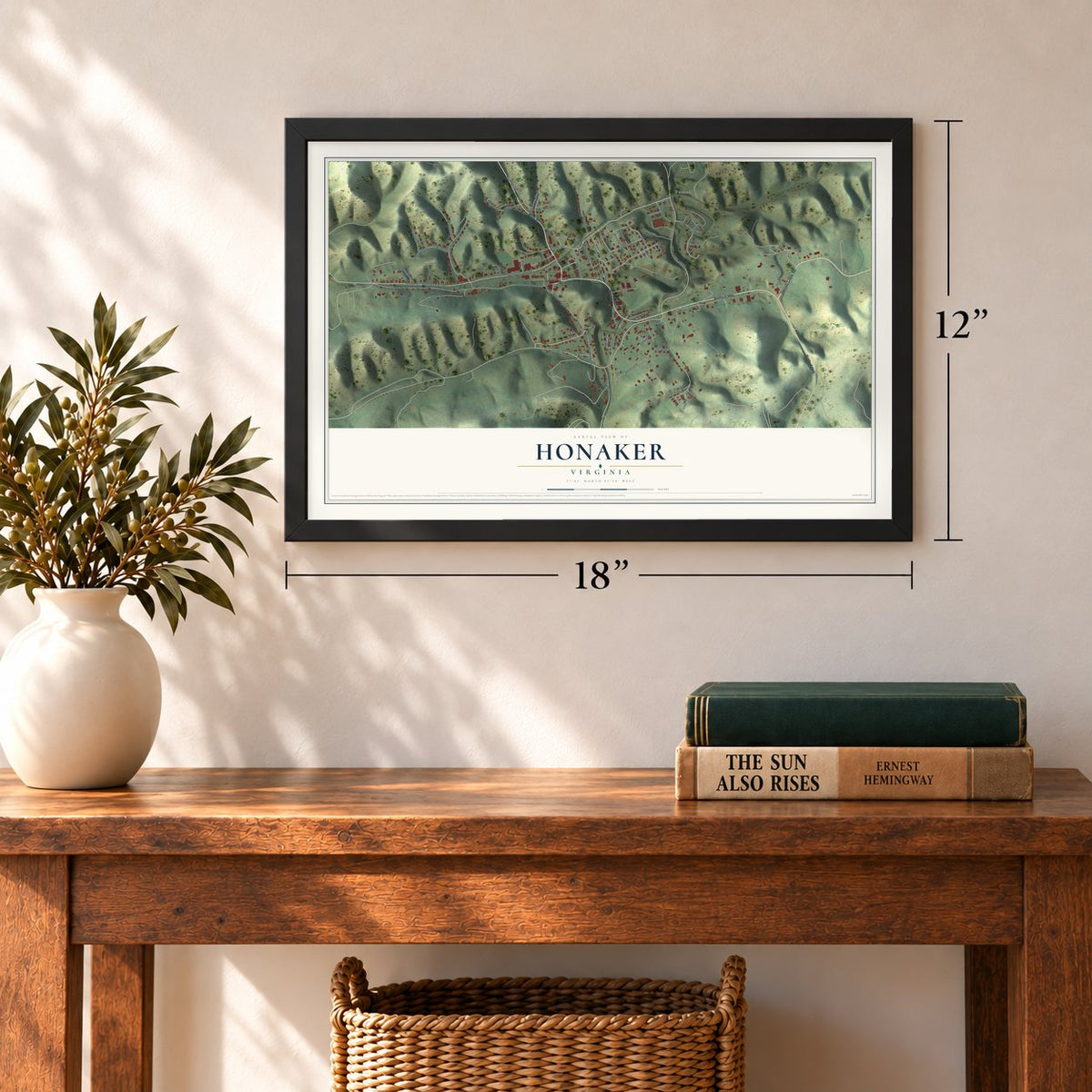 Honaker, Virginia map, 12 x 18 inch print in a black frame in an entryway