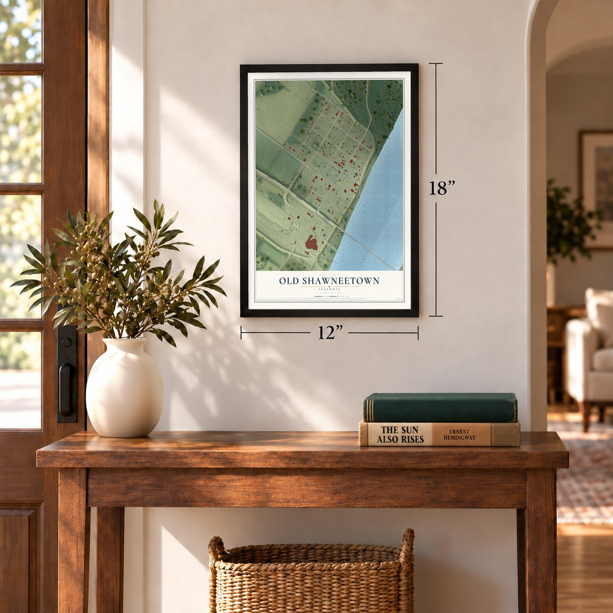Old Shawneetown, Illinois map, 12 x 18 inch print in a black frame in an entryway