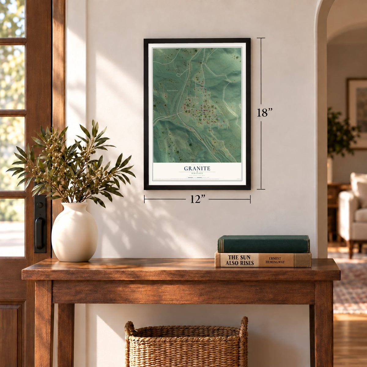 Granite, Oregon map, 12 x 18 inch print in a black frame in an entryway