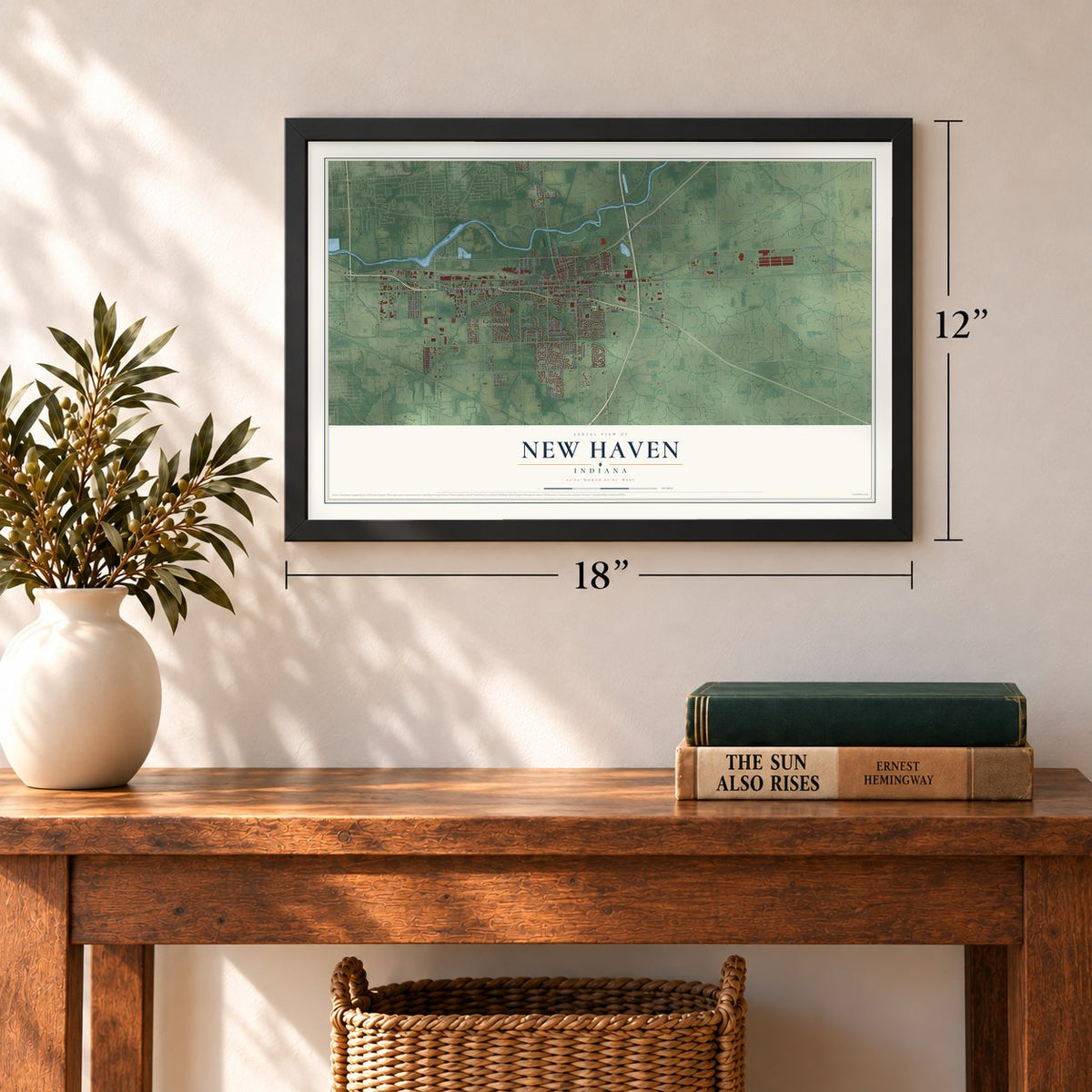 New Haven, Indiana map, 12 x 18 inch print in a black frame in an entryway