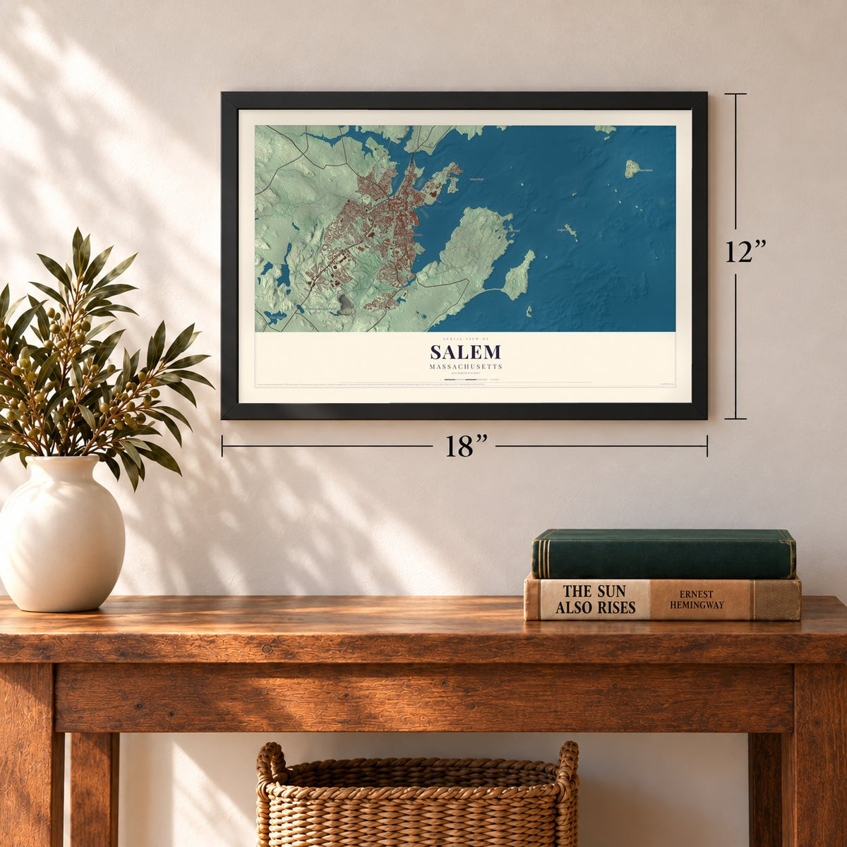 Salem, Massachusetts map, 12 x 18 inch print in a black frame in an entryway
