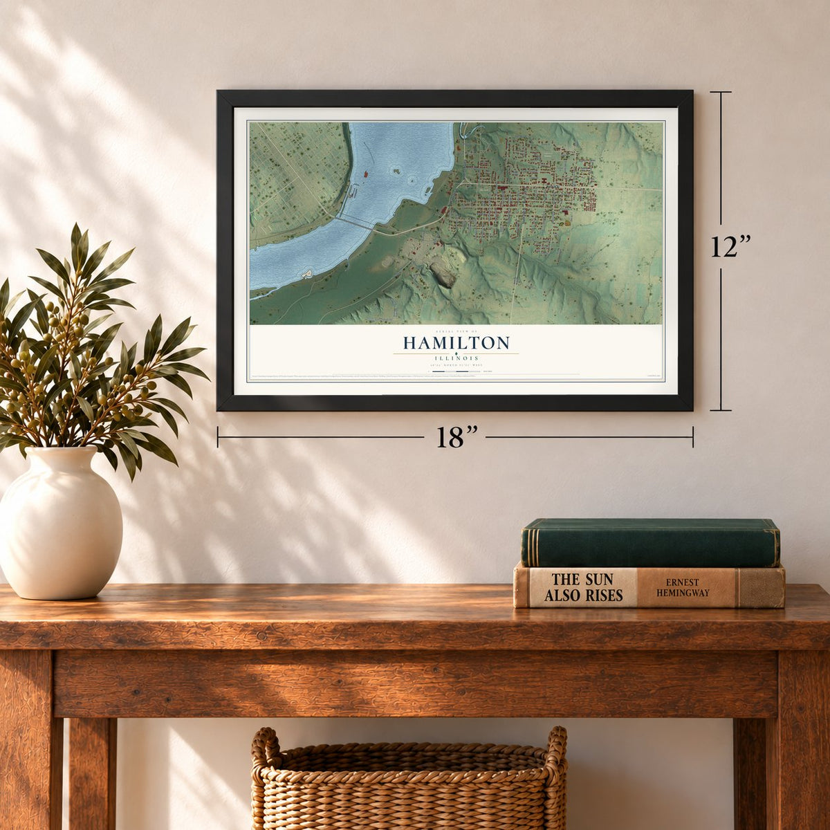 Hamilton, Illinois map, 12 x 18 inch print in a black frame in an entryway