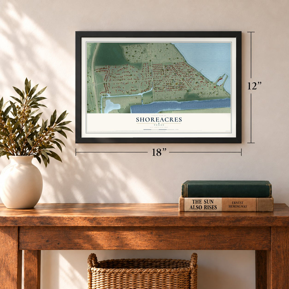 Shoreacres, Texas map, 12 x 18 inch print in a black frame in an entryway