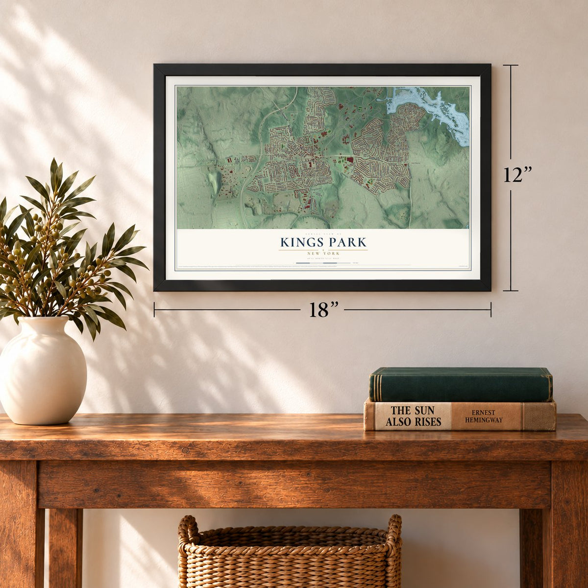 Kings Park, New York map, 12 x 18 inch print in a black frame in an entryway