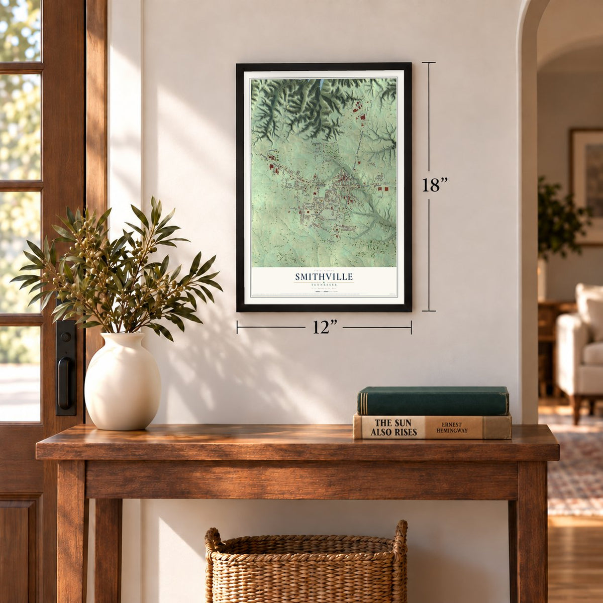 Smithville, Tennessee map, 12 x 18 inch print in a black frame in an entryway