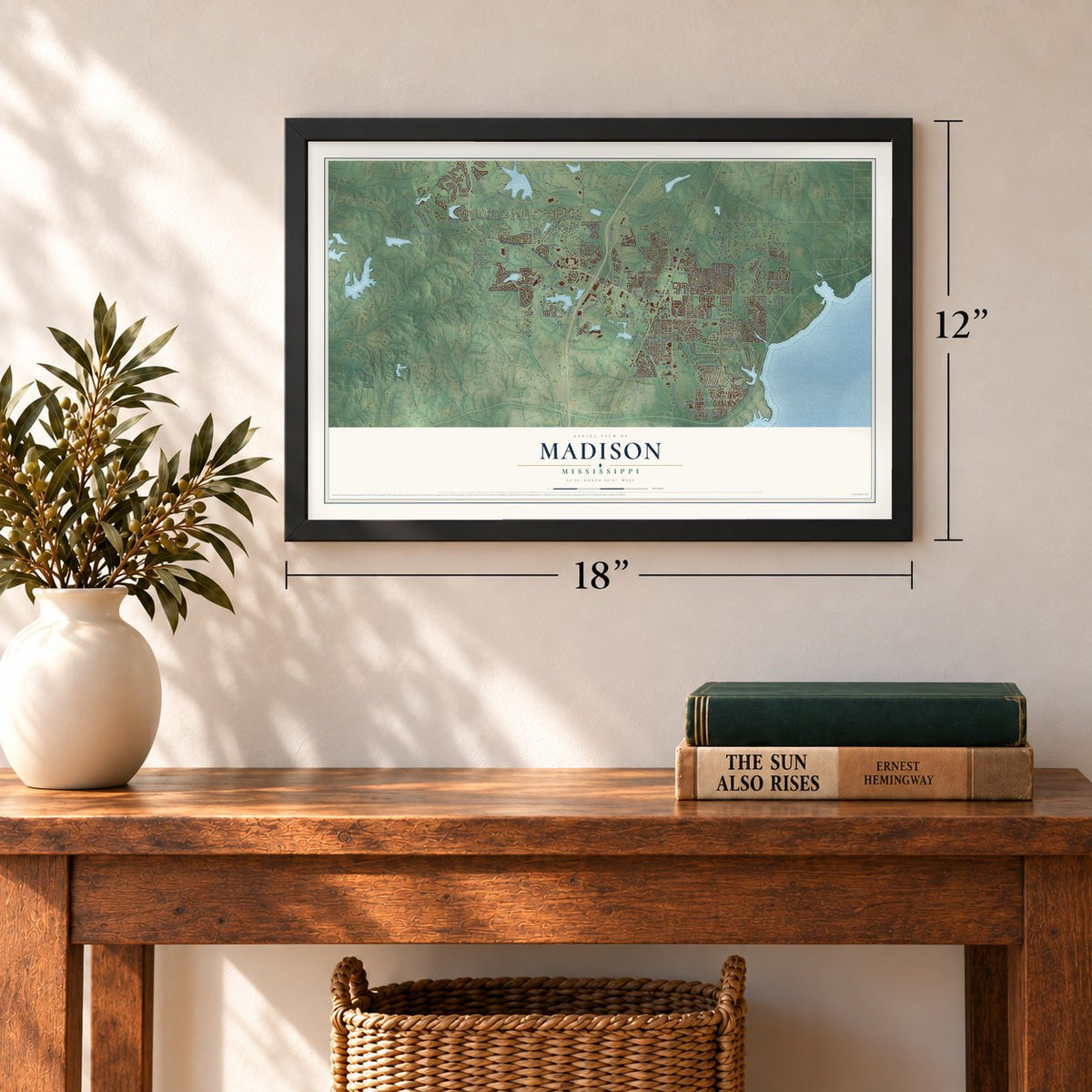 Madison, Mississippi map, 12 x 18 inch print in a black frame in an entryway