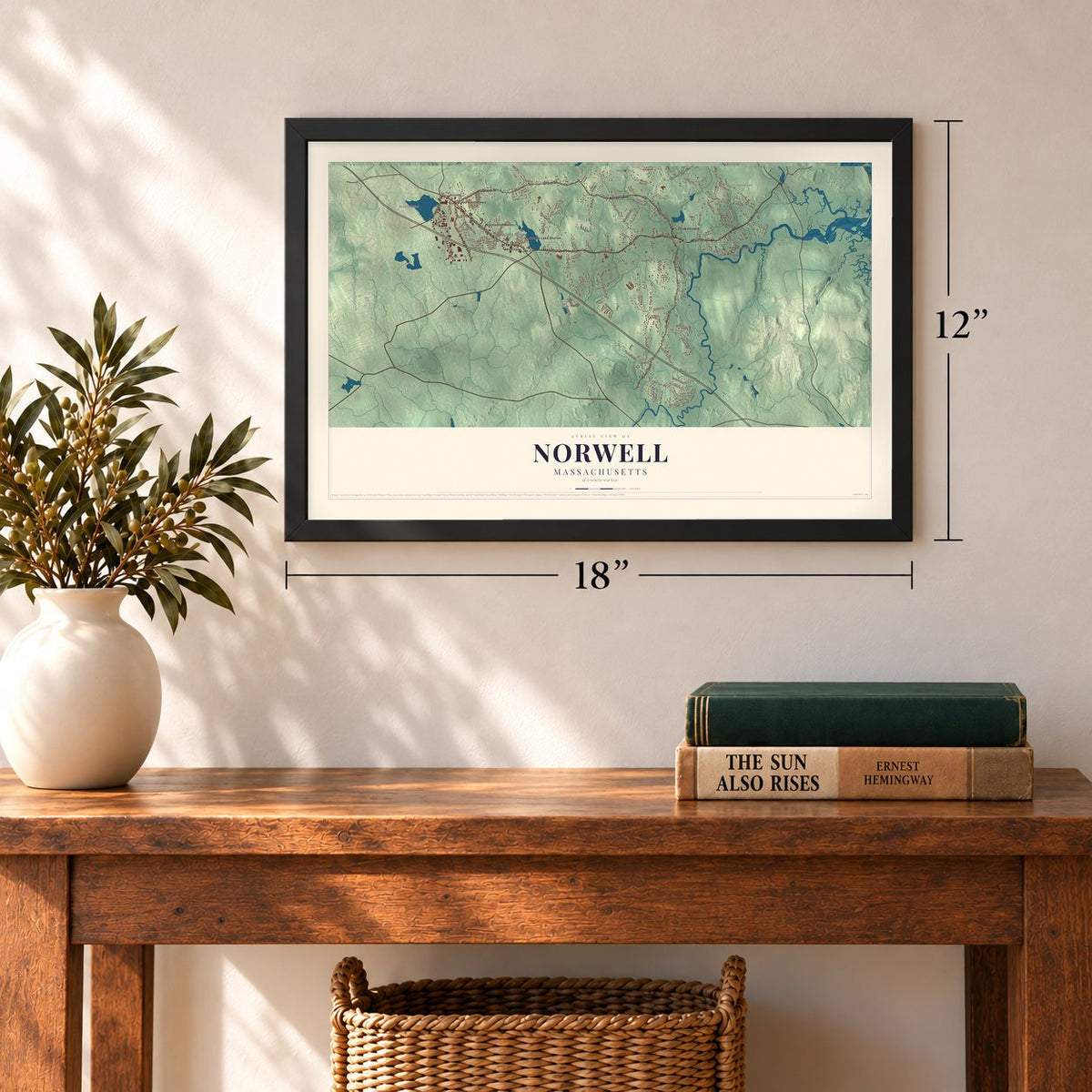 Norwell, Massachusetts map, 12 x 18 inch print in a black frame in an entryway