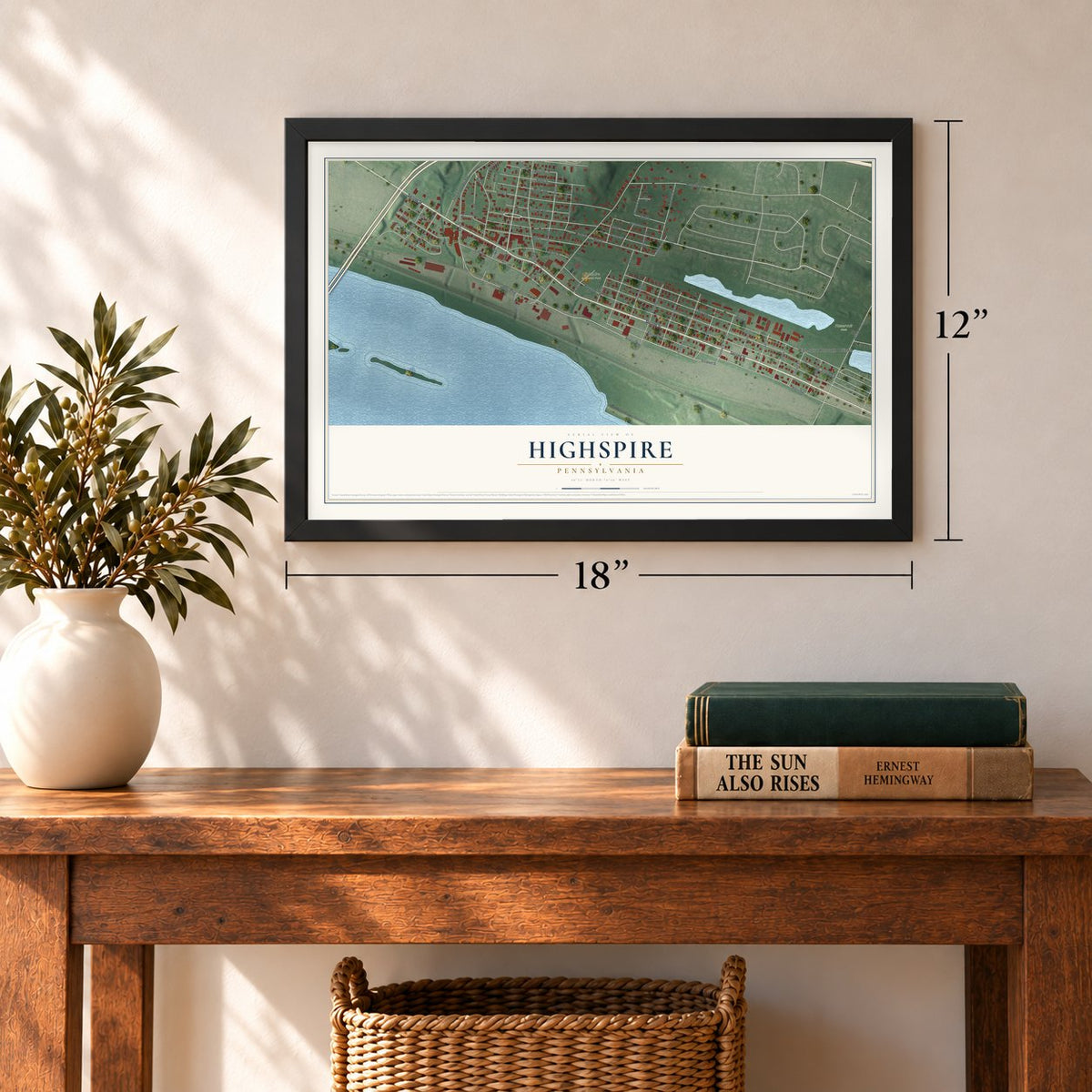 Highspire, Pennsylvania map, 12 x 18 inch print in a black frame in an entryway