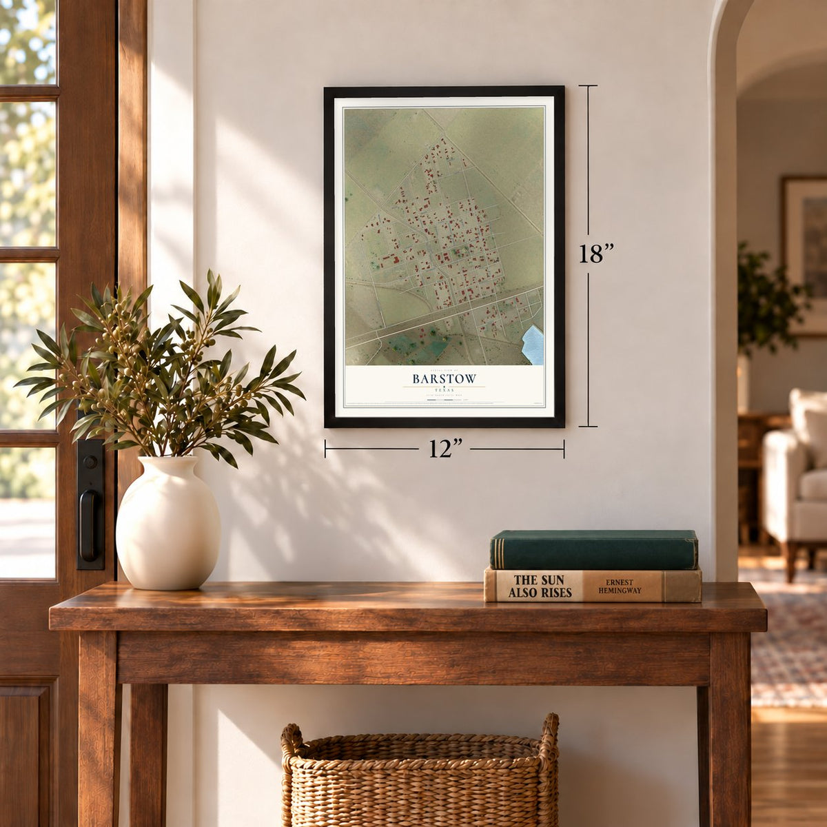Barstow, Texas map, 12 x 18 inch print in a black frame in an entryway