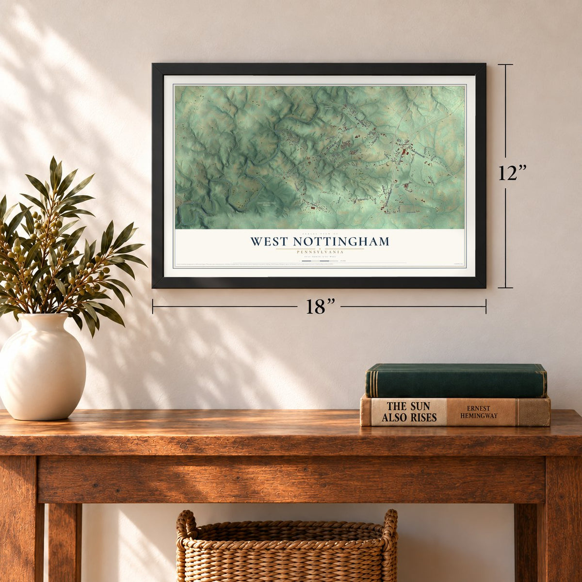 West Nottingham, Pennsylvania map, 12 x 18 inch print in a black frame in an entryway