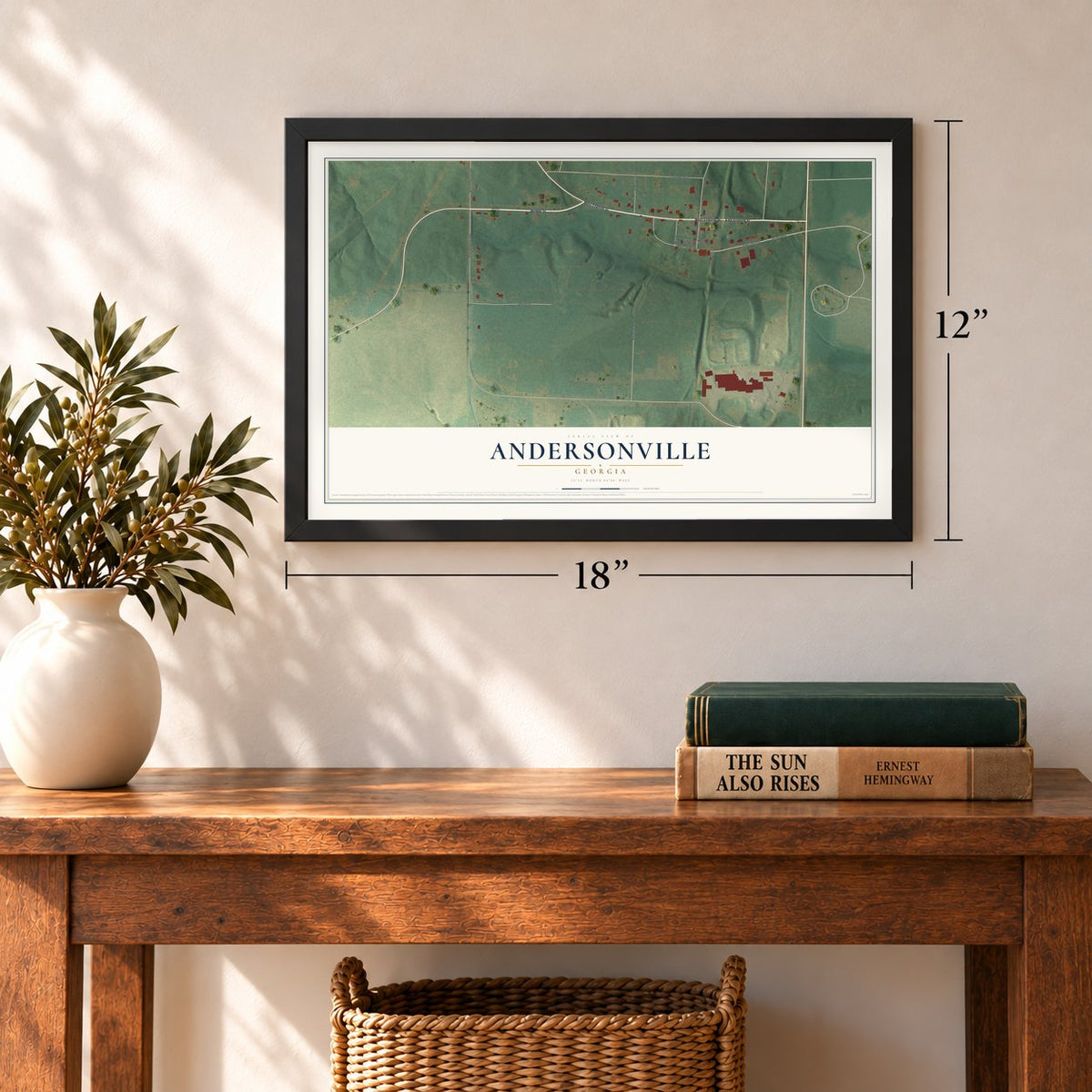 Andersonville, Georgia map, 12 x 18 inch print in a black frame in an entryway