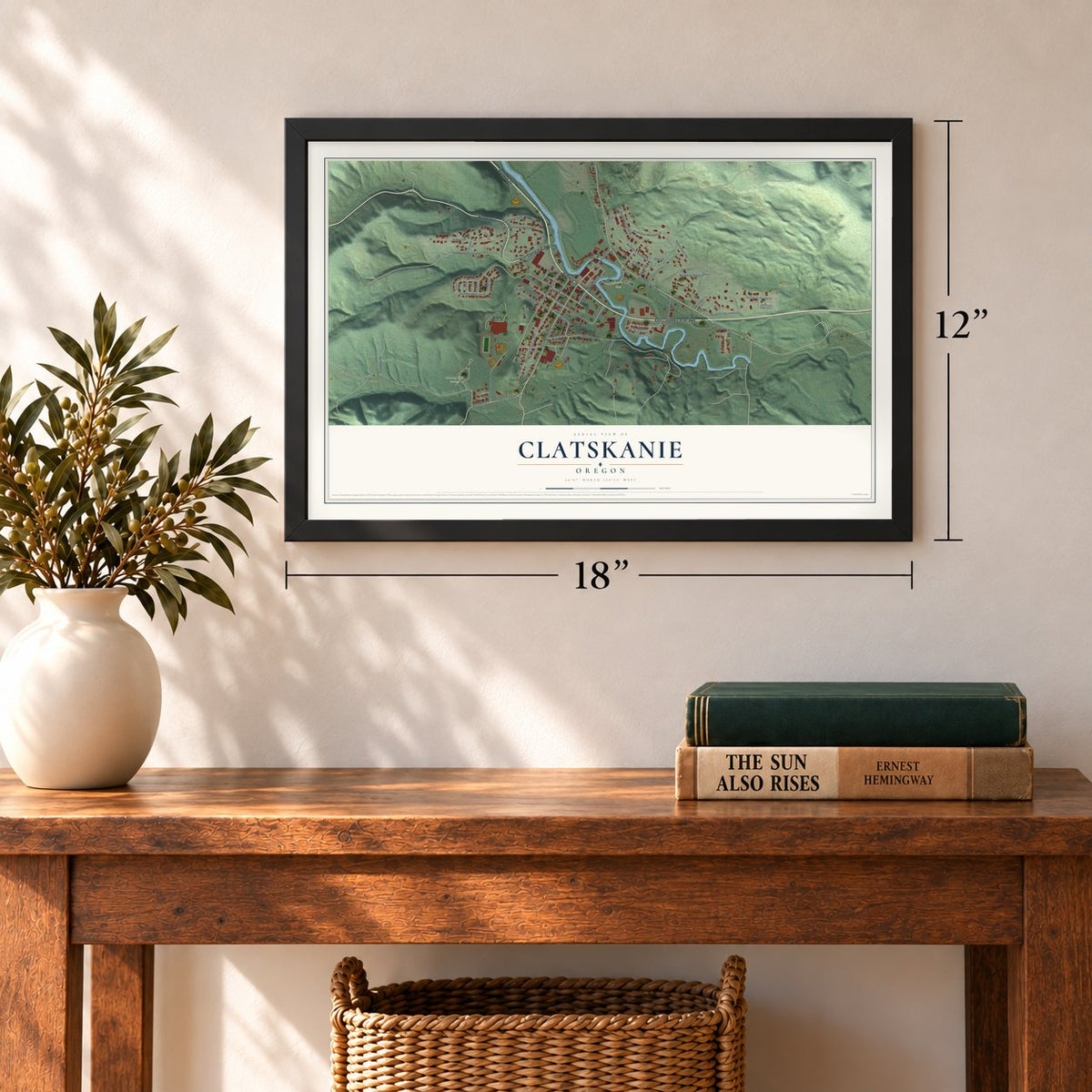 Clatskanie, Oregon map, 12 x 18 inch print in a black frame in an entryway