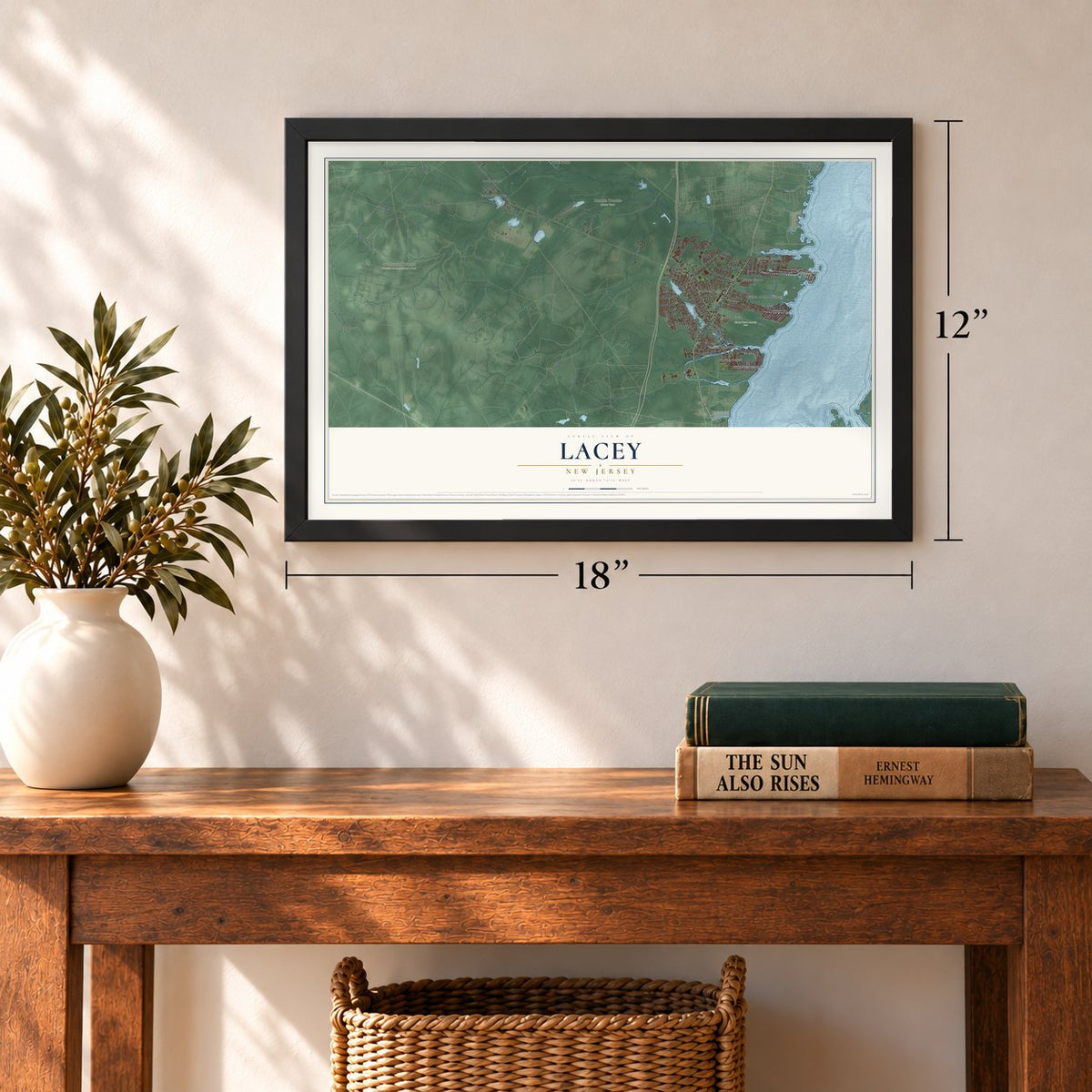 Lacey, New Jersey map, 12 x 18 inch print in a black frame in an entryway