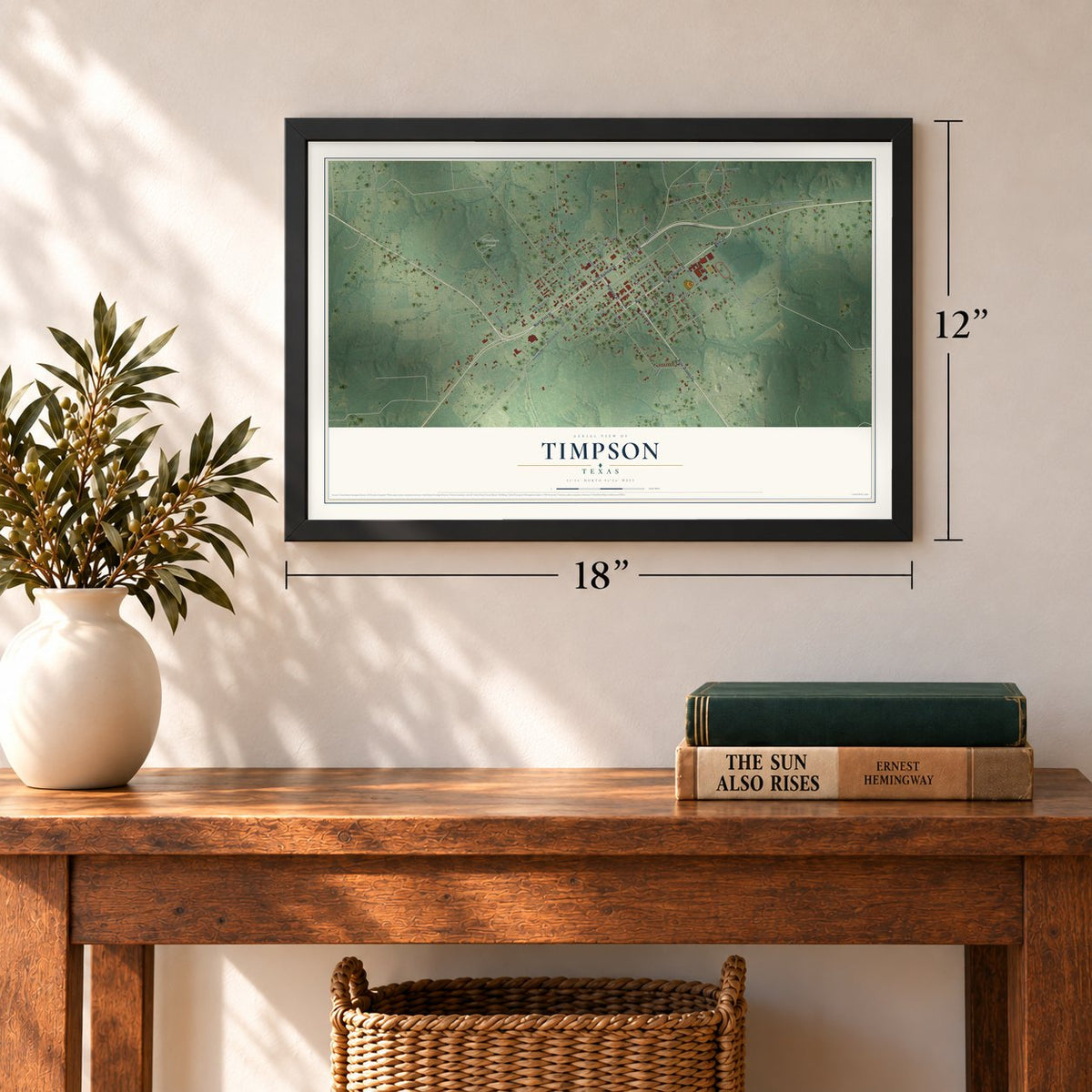 Timpson, Texas map, 12 x 18 inch print in a black frame in an entryway