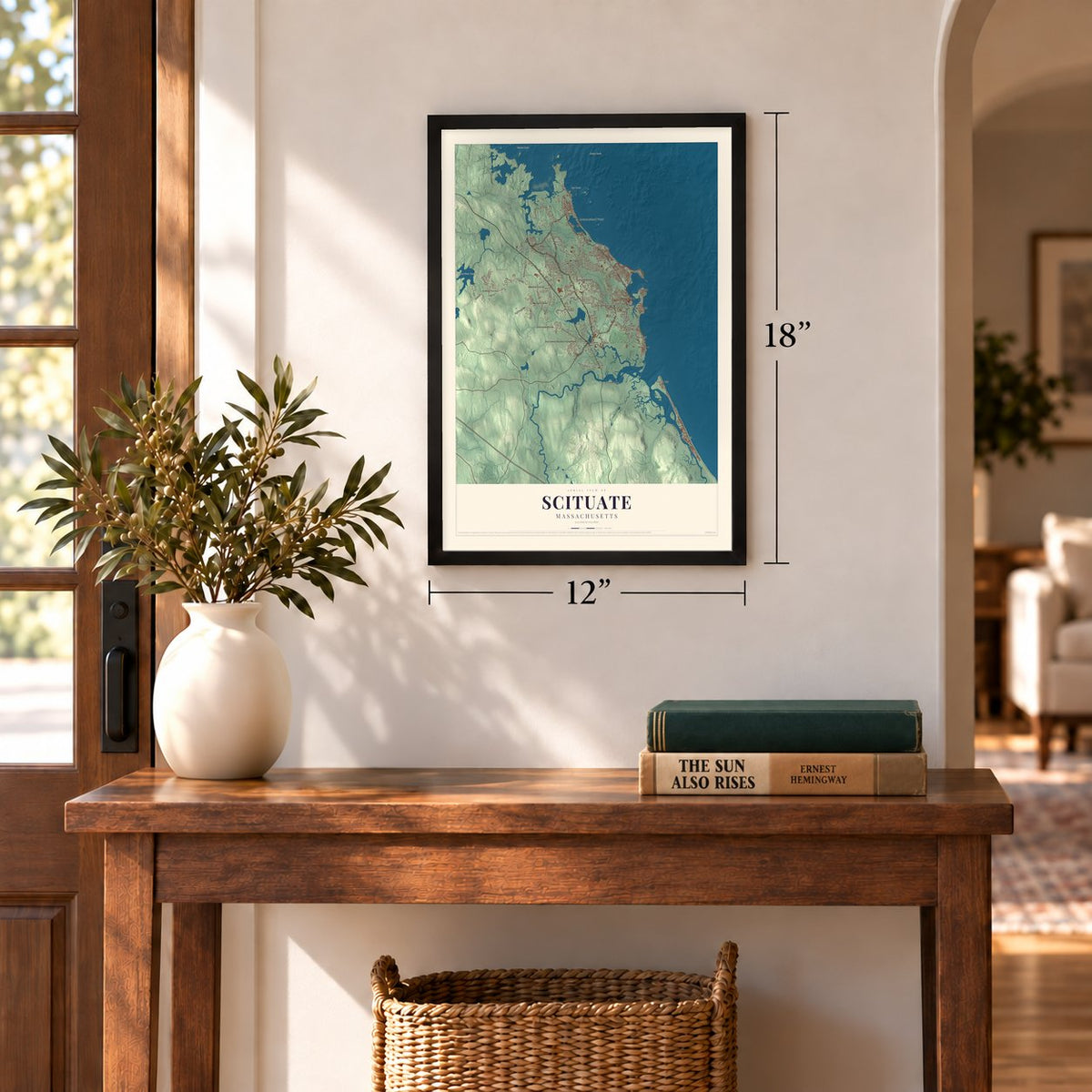 Scituate, Massachusetts map, 12 x 18 inch print in a black frame in an entryway