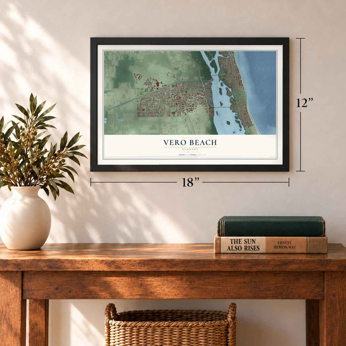 Vero Beach, Florida map, 12 x 18 inch print in a black frame in an entryway