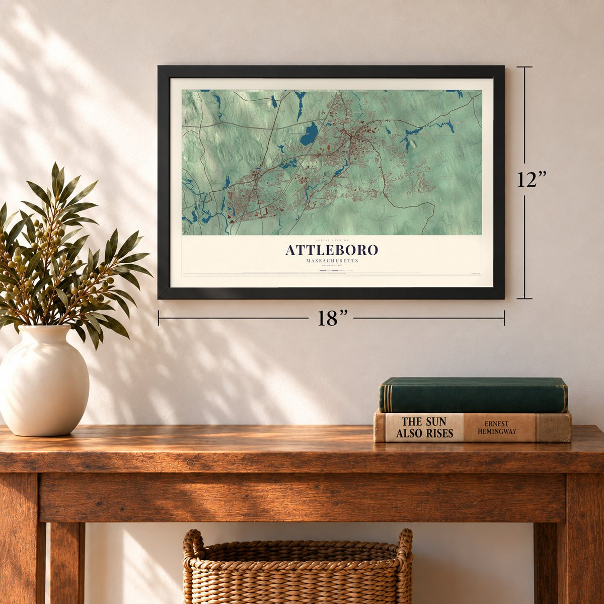 Attleboro, Massachusetts map, 12 x 18 inch print in a black frame in an entryway