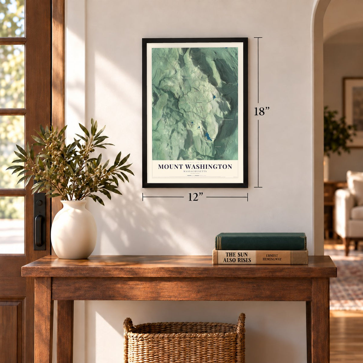 Mount Washington, Massachusetts map, 12 x 18 inch print in a black frame in an entryway