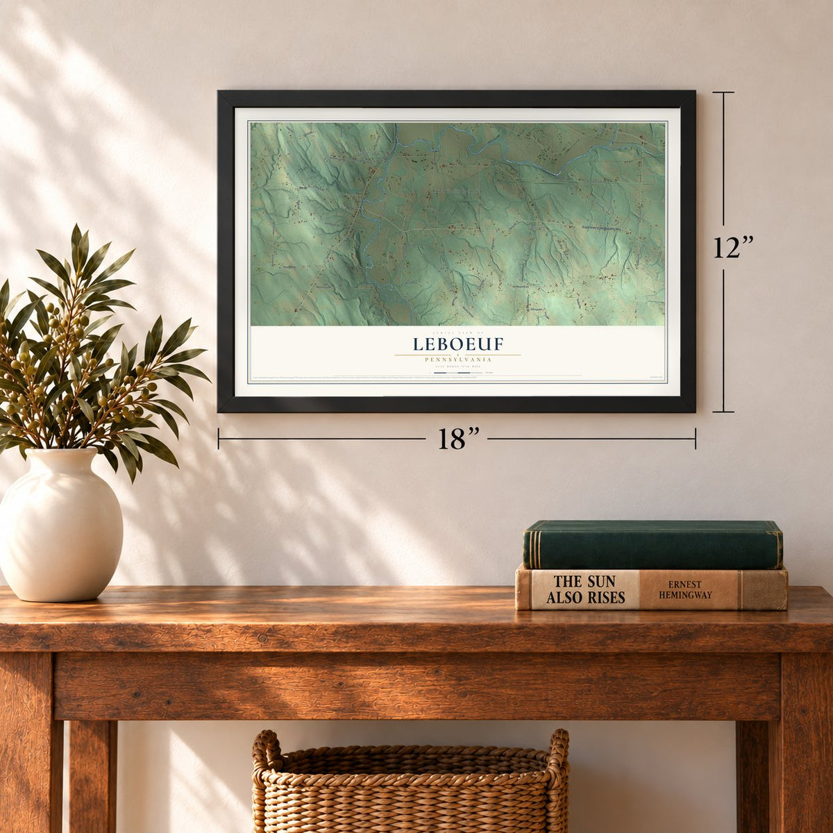 LeBoeuf, Pennsylvania map, 12 x 18 inch print in a black frame in an entryway