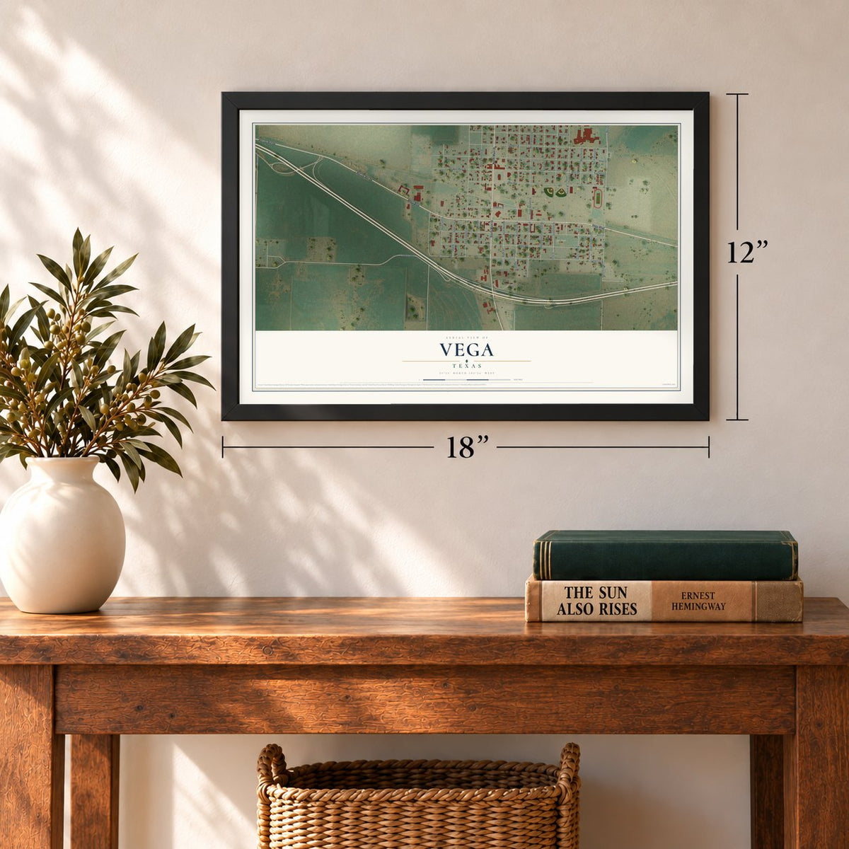 Vega, Texas map, 12 x 18 inch print in a black frame in an entryway