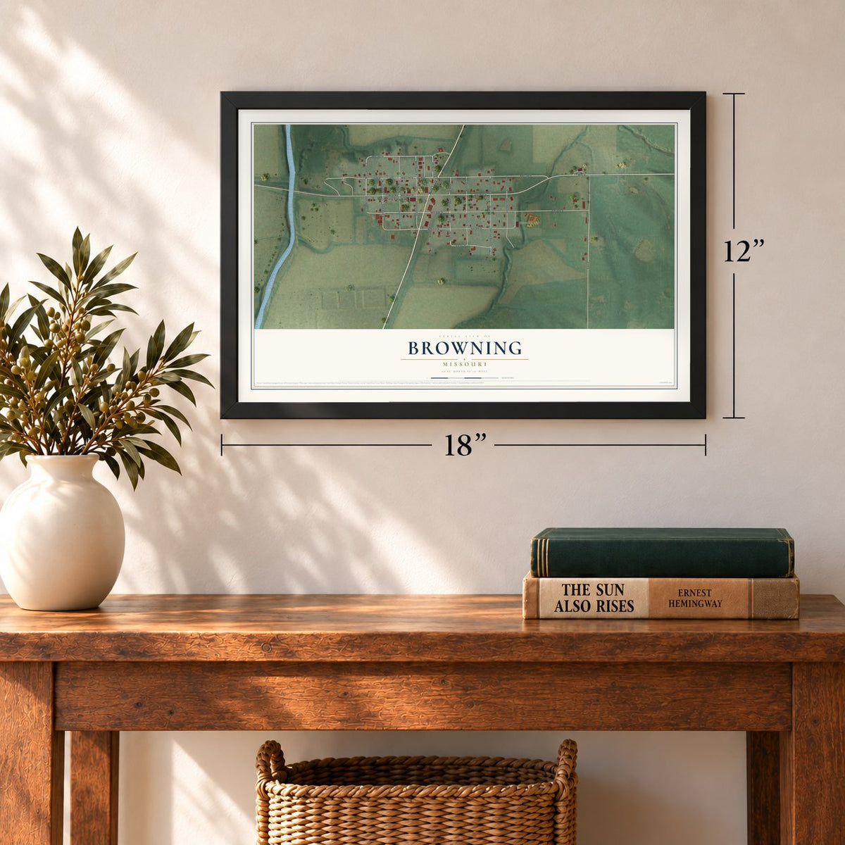 Browning, Missouri map, 12 x 18 inch print in a black frame in an entryway
