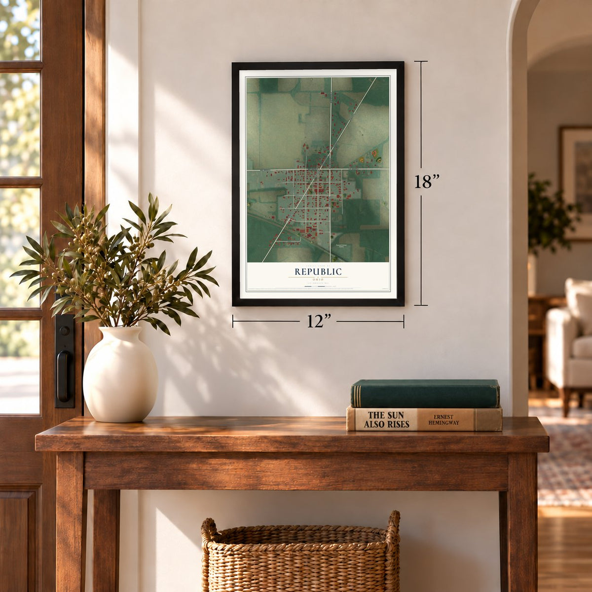 Republic, Ohio map, 12 x 18 inch print in a black frame in an entryway