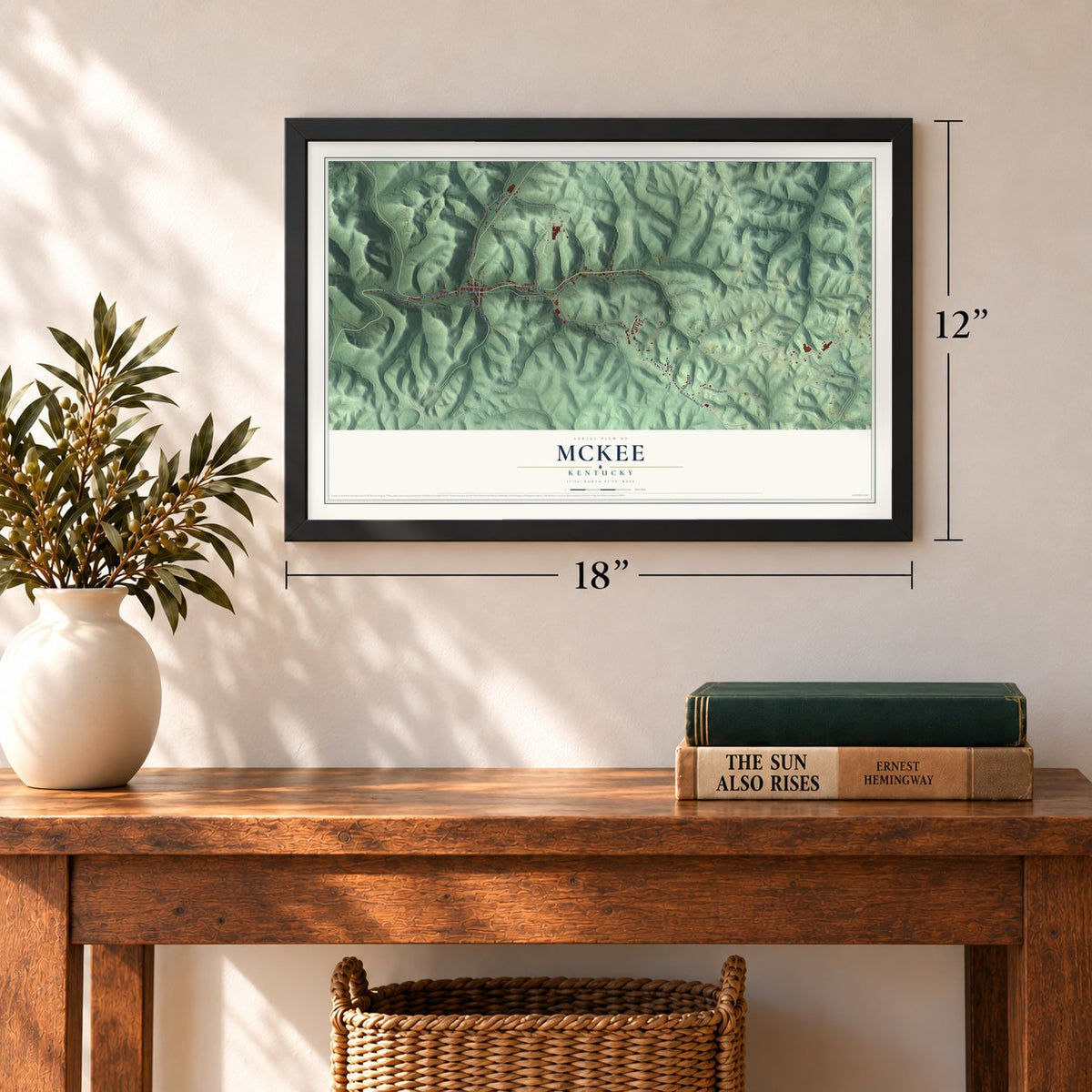 McKee, Kentucky map, 12 x 18 inch print in a black frame in an entryway