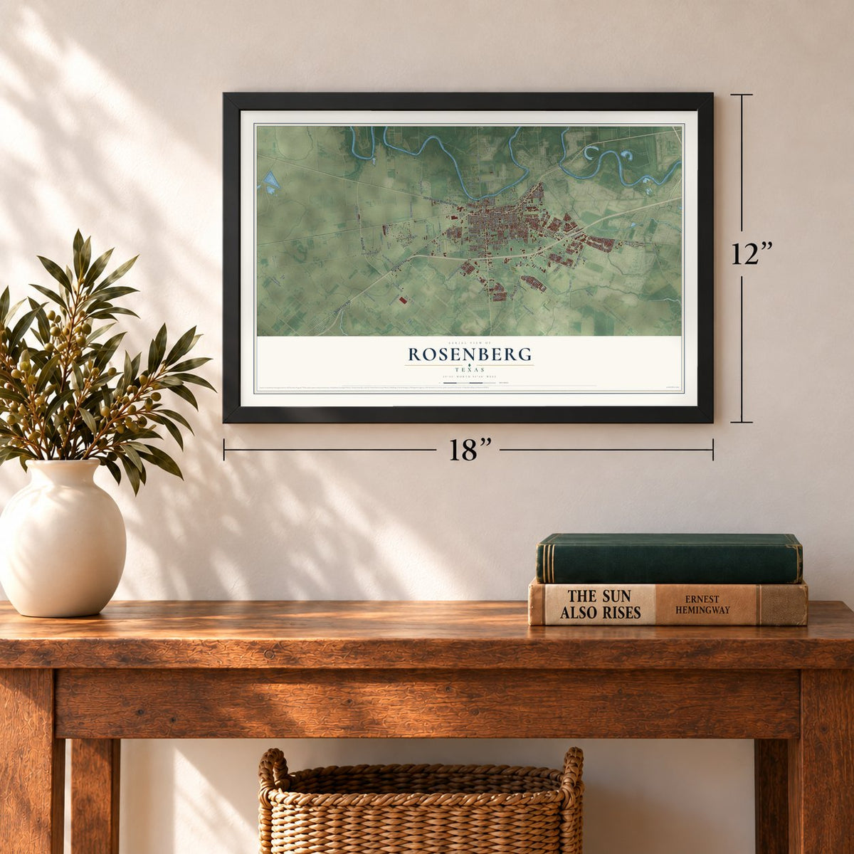 Rosenberg, Texas map, 12 x 18 inch print in a black frame in an entryway