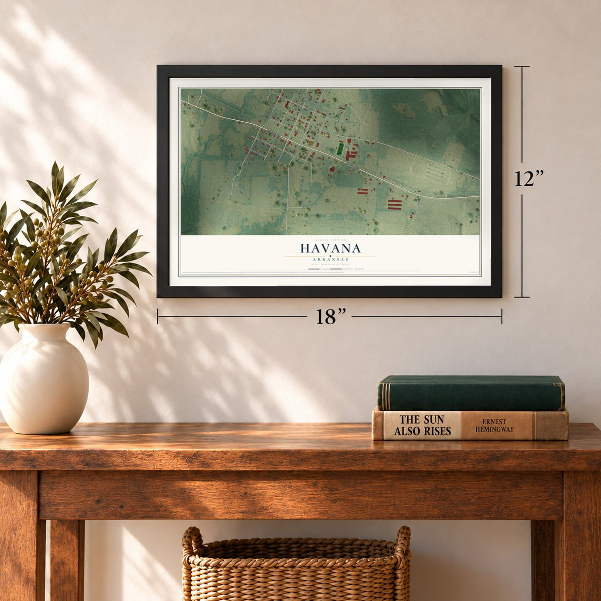 Havana, Arkansas map, 12 x 18 inch print in a black frame in an entryway