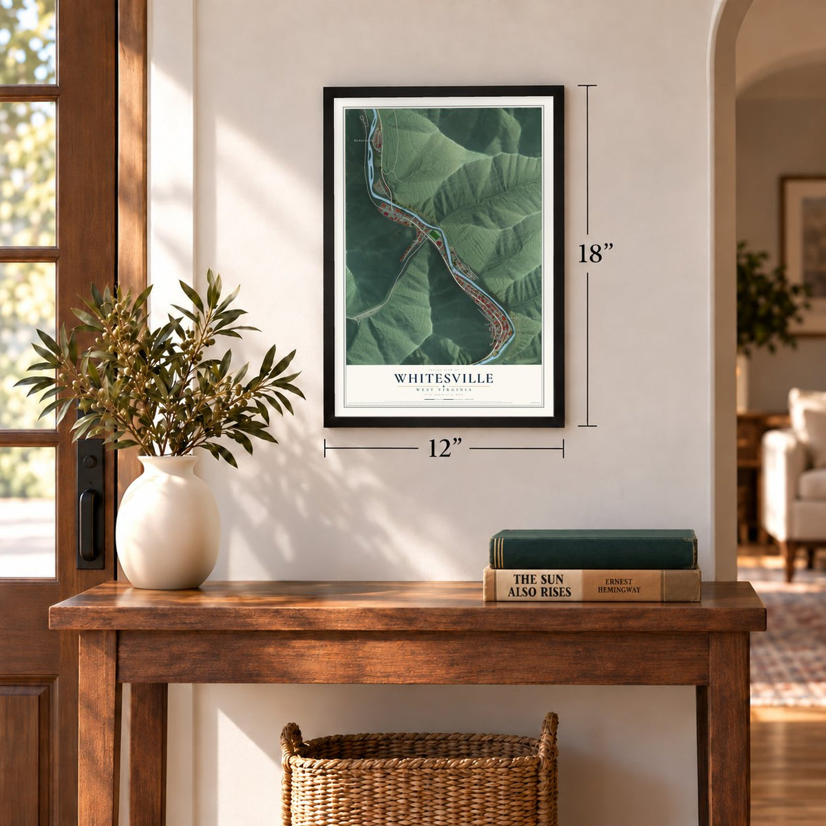 Whitesville, West Virginia map, 12 x 18 inch print in a black frame in an entryway