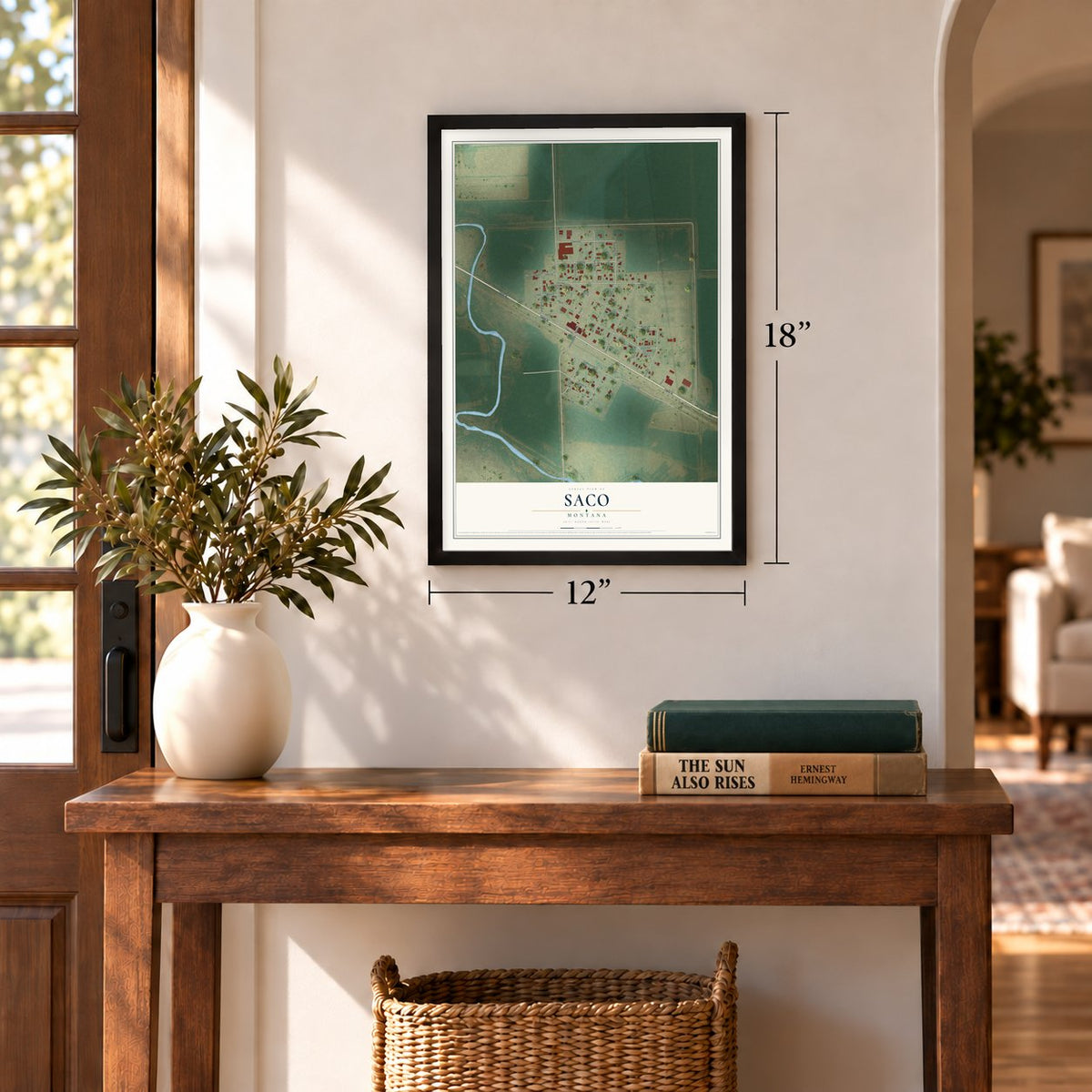 Saco, Montana map, 12 x 18 inch print in a black frame in an entryway