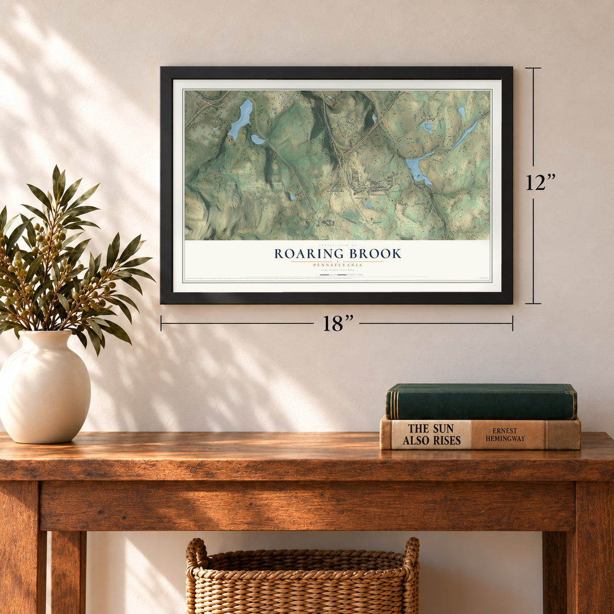 Roaring Brook, Pennsylvania map, 12 x 18 inch print in a black frame in an entryway