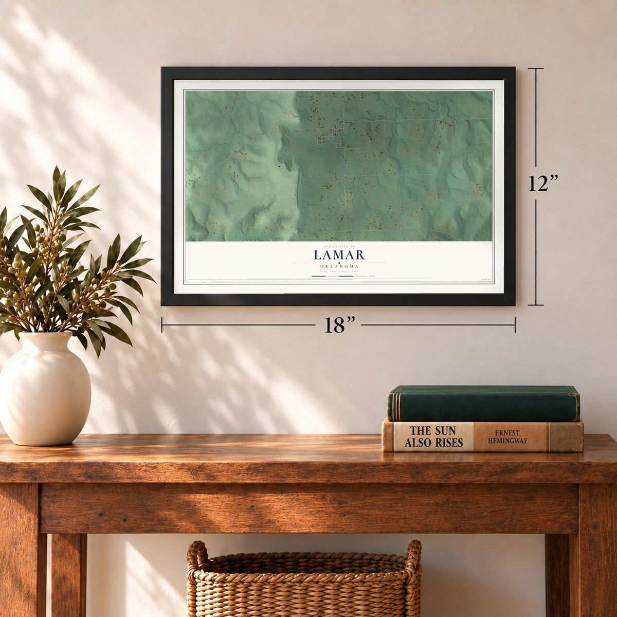 Lamar, Oklahoma map, 12 x 18 inch print in a black frame in an entryway