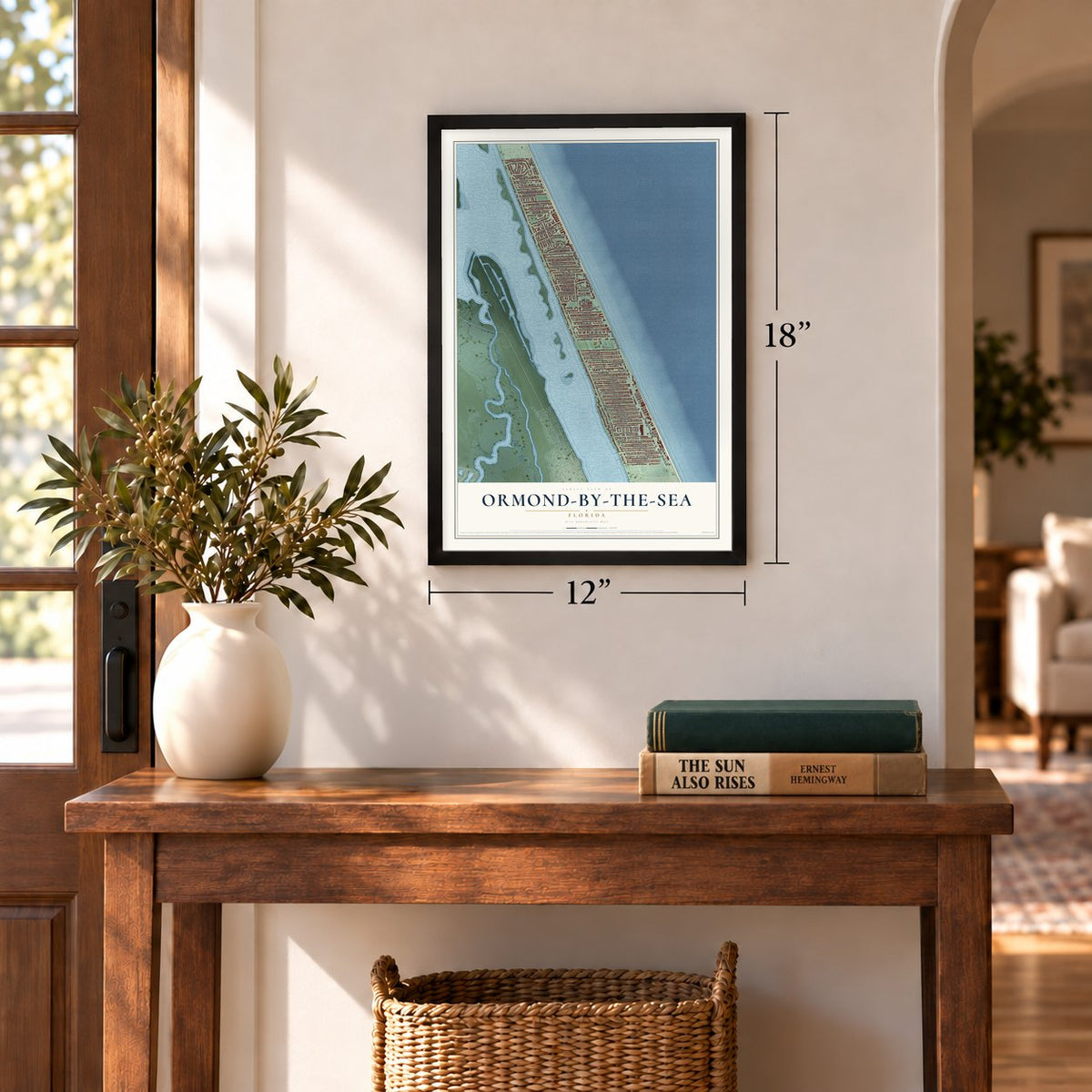 Ormond-by-the-Sea, Florida map, 12 x 18 inch print in a black frame in an entryway